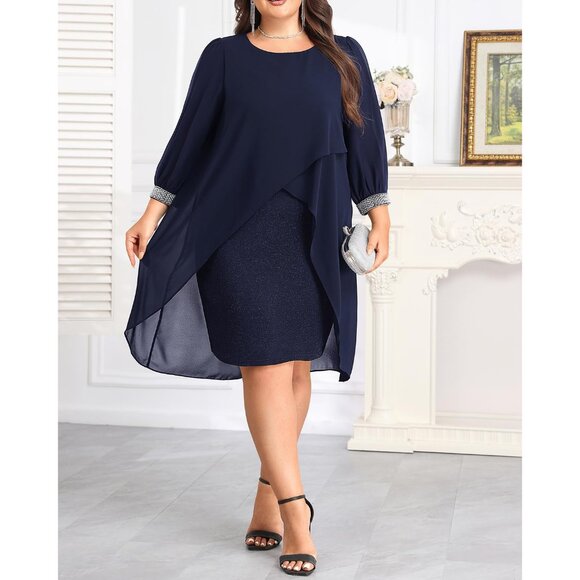 Plus Size Cocktail Dress Chiffon Cape Glitter Evening Wedding Guest - Picture 2 of 5